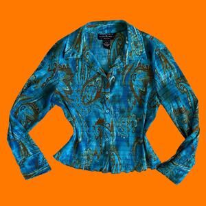 00's vintage groovy paisley collared button up y2k boho blouse Petite Medium